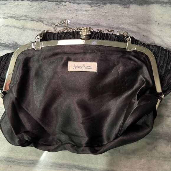 Neiman Marcus Ruched Black Evening Bag/Clutch W/ Long Silver Colored Metal Strap - Picture 6 of 9
